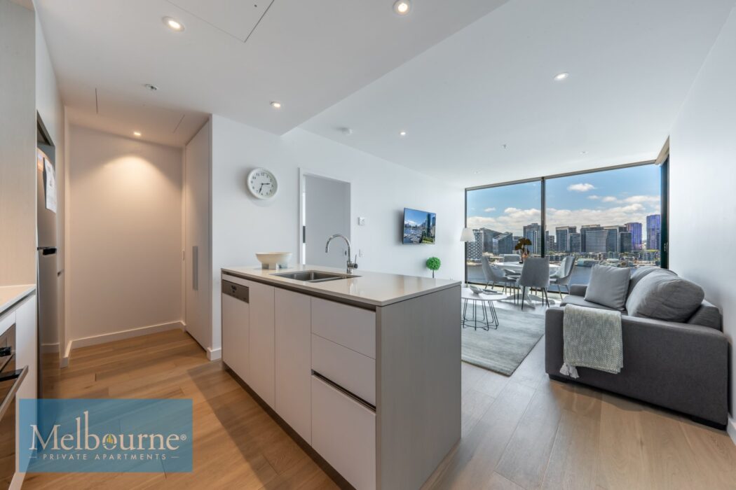 Fully equipped kitchen in a Docklands self-contained apartment for extended Melbourne stays